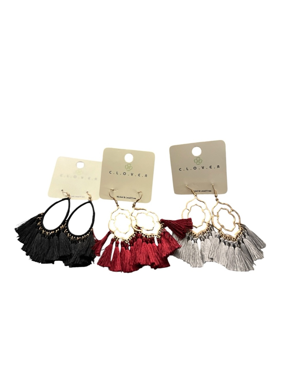 Clover Bundle of 3 Tassel Earrings- Black, Red, Gray - New